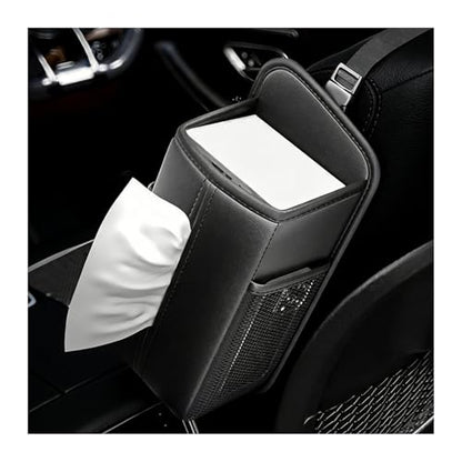 Car Tissue Holder, Waterproof Leather Auto Front Seat Side Tissue Box with 2 Mesh Pockets, Rectangular Large Napkin Holder Storage Hanging Bags for Cars SUVs Trucks