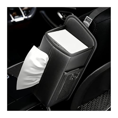 Car Tissue Holder, Waterproof Leather Auto Front Seat Side Tissue Box with 2 Mesh Pockets, Rectangular Large Napkin Holder Storage Hanging Bags for Cars SUVs Trucks
