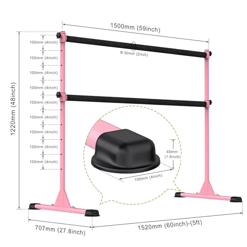 Dolibest Freestanding Ballet Bar, Height Adjustable Ballet Bar, Heavy Duty Dance Bar, with Non-Slip Rubber Pads, Enhanced Stability, Dance/Yoga/Fitness Stretching Bar, Ideal for Kids and Adults - color: Pink- 5ft Steel Cross Bar+ Black Cloth Cover