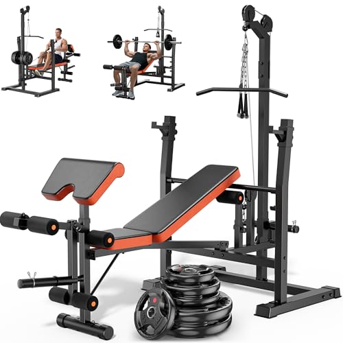XDDIAS Weight Bench Set, 9 in 1 Olympic Weight Bench with LAT Pulldown and Rowing, 900LBS Bench Press Set with Leg Extension and Preacher Pad, Flat Incline Bench for Weight Lifting Full-Body Workout - color: Bench+160LBS plates