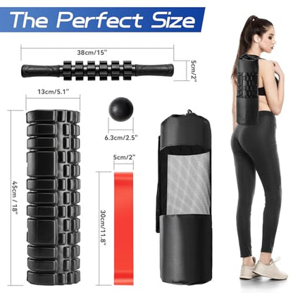 Krightlink 5-in-1 18" Foam Roller Set for Deep Muscle Massage Release - color: Black-18"(5 in 1)