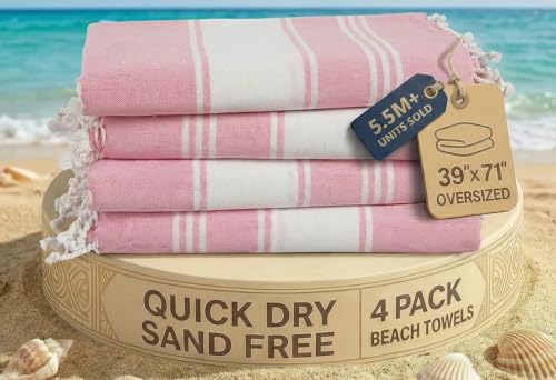 LANE LINEN Turkish Beach Towel 4 Pcs, Beach Towels, for Adults - Candy Pink - color: 11: Candy Pink, size: Pack of 4