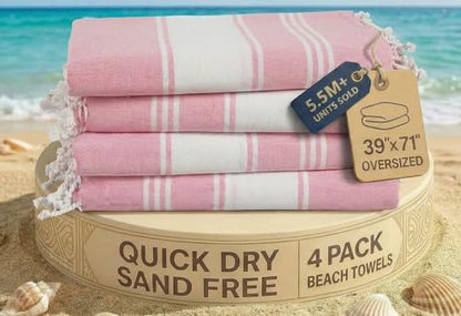 LANE LINEN Turkish Beach Towel 4 Pcs, Beach Towels, for Adults - Candy Pink - color: 11: Candy Pink, size: Pack of 4