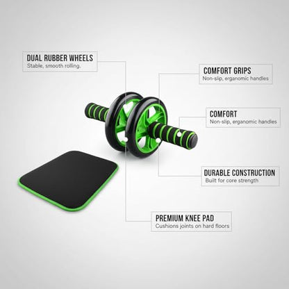 Green Ab Wheel Roller with Knee Pad, Dual Exercise Wheel for Core Strength, Non-Slip Rubber Wheels for Home Gym Workouts on Hard Floors