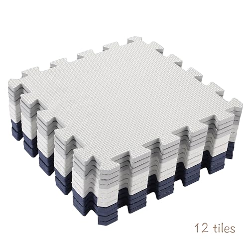 Easy Playhouse: 12 Soft Foam Floor Puzzle Tiles - Black-Grey-White - 12" Interlocking Mat Pieces (4'x3'), Nursery, Playroom, Gym, Children & Adults
