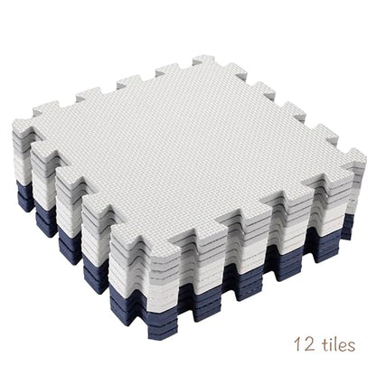 Easy Playhouse: 12 Soft Foam Floor Puzzle Tiles - Black-Grey-White - 12" Interlocking Mat Pieces (4'x3'), Nursery, Playroom, Gym, Children & Adults