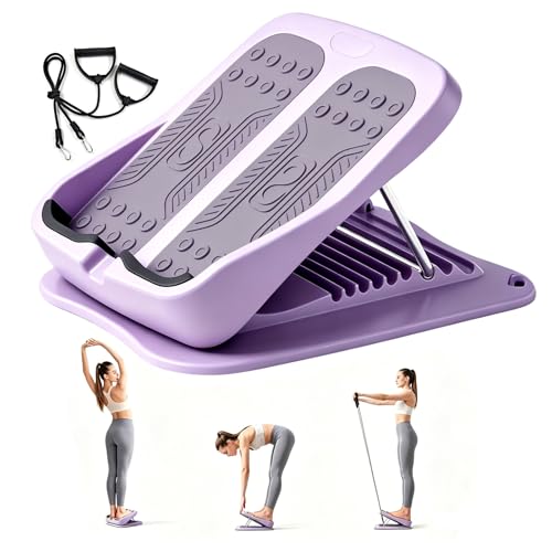 9-Level Adjustable Slant Board for Calf Stretching, Incline Board with 2 Resistance Bands, Portable Calf Stretcher forTeenagers, Office Foot Rest & Physical Therapy Equipment (Purple)