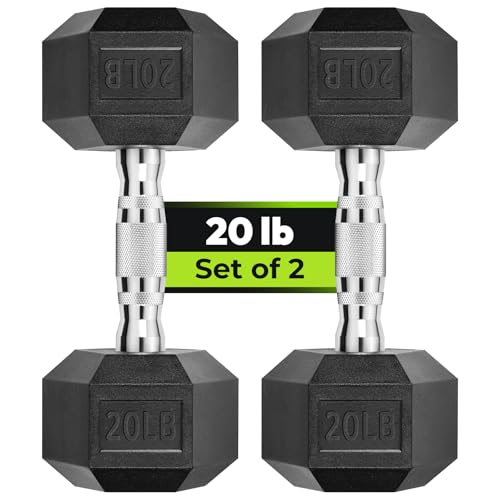 HANDBODE Hex Dumbbell Set, 2.5-65 lb Rubber Encased Exercise & Fitness Dumbbells, Weights Dumbbells Set of 2, Hand Weight for Strength Training - size: 20 lb, Pair, style: Chrome Handle