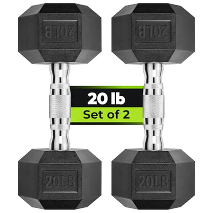 HANDBODE Hex Dumbbell Set, 2.5-65 lb Rubber Encased Exercise & Fitness Dumbbells, Weights Dumbbells Set of 2, Hand Weight for Strength Training - size: 20 lb, Pair, style: Chrome Handle