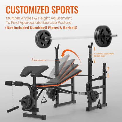 Weight Bench with Squat Rack, Adjustable Workout Bench with Preacher Curl Pad, Leg Extension & Curl, Safety Bar Catches, 600 lbs Capacity All-in-One Strength Training Bench for Home Gym