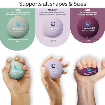 Mind & Body Stress Balls for Adults - Multi-Density Squeeze Balls for Hand Therapy & Grip Strengthening - Stress & Anxiety Relief - Choose 3-Ball (Soft, Medium & Hard) or 2-Ball (Soft & Hard) Sets