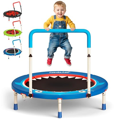 Premium 3FT Foldable Toddler Trampoline for Kids Ages 3-6, 36 Inch ASTM Certified Mini Trampoline with Adjustable Handle, 100 lbs Capacity, Quiet Elastic Bands, Safe for Indoor Outdoor Use - style: Shark