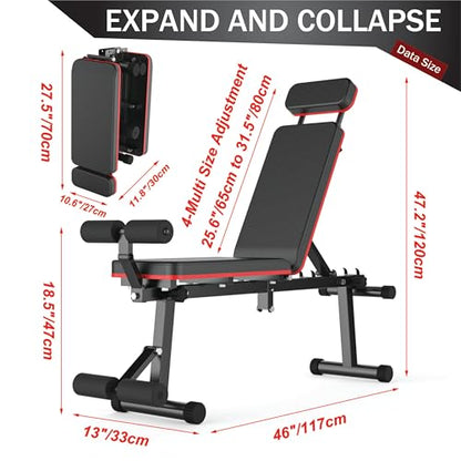 Adjustable Weight Bench, Foldable, Incline/Decline/Flat, Full Body Workout, Extended Head Design, 660 lbs/300 kgs Capacity