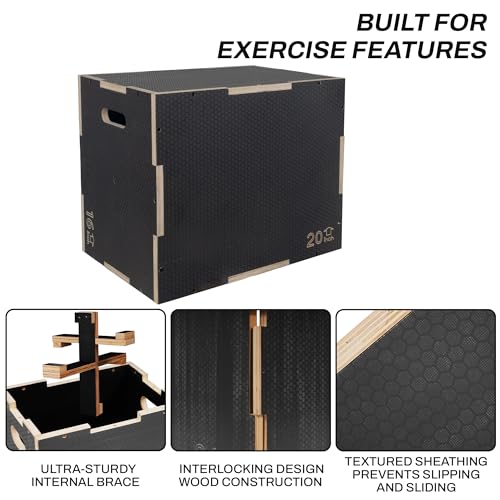 Signature Fitness 16" x 14" x 12" Non-Slip Wooden Plyo Box Jump Exercise Platform, Plyometric Workout Equipment for Home Gym, Training Step Box, Gray - size: 16x20x24"