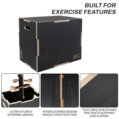 Signature Fitness 16" x 14" x 12" Non-Slip Wooden Plyo Box Jump Exercise Platform, Plyometric Workout Equipment for Home Gym, Training Step Box, Gray - size: 16x20x24"