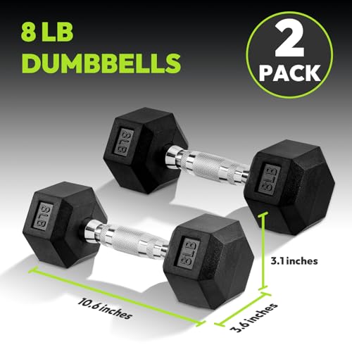 HANDBODE Hex Dumbbell Set, 2.5-65 lb Rubber Encased Exercise & Fitness Dumbbells, Weights Dumbbells Set of 2, Hand Weight for Strength Training - size: 8 lb, Pair, style: Chrome Handle