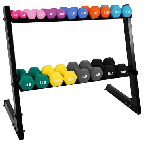 BalanceFrom Neoprene Coated Iron Dumbbell Hex Weights Set with Stand – Color-Coded or Black Options with Non-Slip Grip for Strength Training, Resistance Workouts, and Home Gym Fitness - style: 110lb set