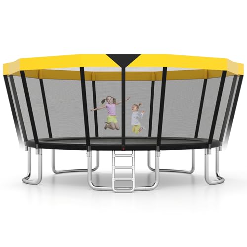GYMAX Trampoline Outdoor, ASTM Approved Recreational Trampoline with Safety Enclosure Net & Non-Slip Ladder for Kids & Adults, Anti-Rust Large Rebounder Trampolines for Outside, Backyard