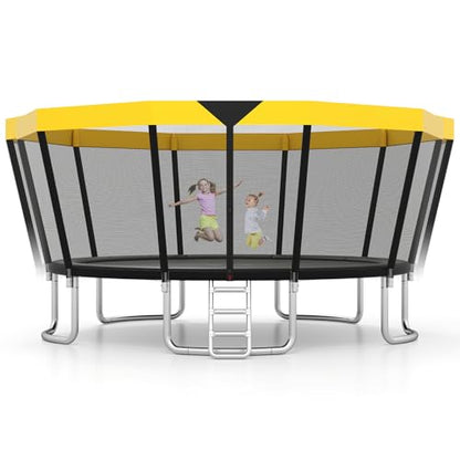 GYMAX Trampoline Outdoor, ASTM Approved Recreational Trampoline with Safety Enclosure Net & Non-Slip Ladder for Kids & Adults, Anti-Rust Large Rebounder Trampolines for Outside, Backyard