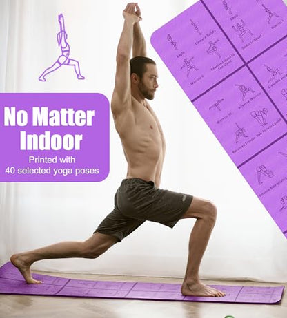 Foldable Thick Yoga Mat with Asanas Poses -Christmas Gifts for Wife and Girls, Non-slip 8mm Thicken Instructional Exercise Mat for Home Workout, 72"x24"x0.3" (Purple) ﻿