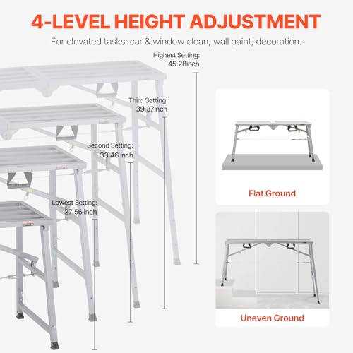 VEVOR Work Platform, 55"x 15" Portable Scaffolding Platform, Folding Steel Step Ladder Adjustable Height 27.5”-45.3”, 800 lbs Load Capacity, Non-Slip Drywall Painting Stool for Cleaning &Washing - size: 55"x 15"