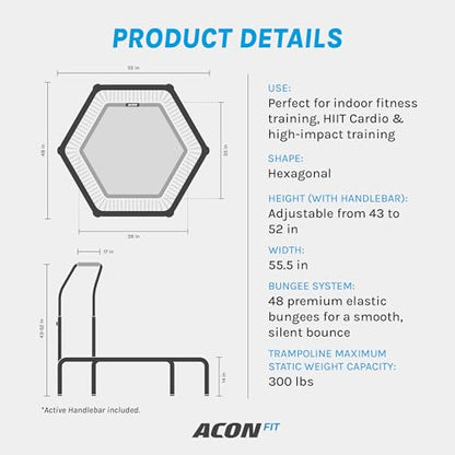 ACON FIT 55" Hexagon Mini Trampoline with Handle - Active Handlebar Excercise Trampoline for Adults, Indoor Cardio & HIIT Fitness Rebounder, 48 Bungee Cords, Adjustable Bar, 300 lb Capacity