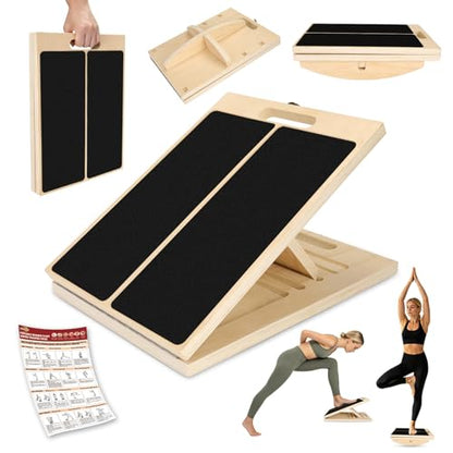 3-in-1 Slant Board & 180°/360° Balance Board, Portable 6 Angle Adjustable Calf Stretcher with Training Poster, Anti-Slip 300LBS Wobble Board for Physical Therapy, Standing Desk & Core Strength