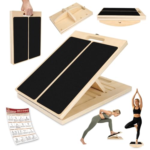 3-in-1 Slant Board & 180°/360° Balance Board, Portable 6 Angle Adjustable Calf Stretcher with Training Poster, Anti-Slip 300LBS Wobble Board for Physical Therapy, Standing Desk & Core Strength