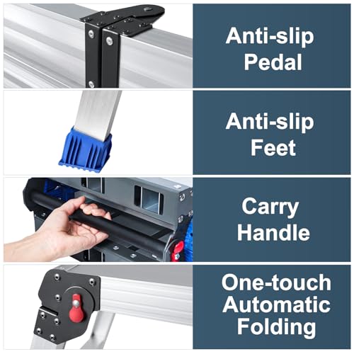 Foldable Aluminum Work Platform, 12.7 lb, Easy-Installation, Capacity of 500 lbs, Non-Slip, Step Stool for Adults with Adjustable Height, Heavy Duty & Portable Step Ladder