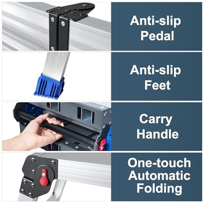 Foldable Aluminum Work Platform, 12.7 lb, Easy-Installation, Capacity of 500 lbs, Non-Slip, Step Stool for Adults with Adjustable Height, Heavy Duty & Portable Step Ladder
