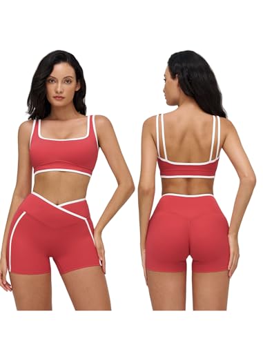 Women 2 Piece Workout Sets Backless Color Block Sports Bra High Waist Tummy Control Active Shorts Yoga Pilates Outfits