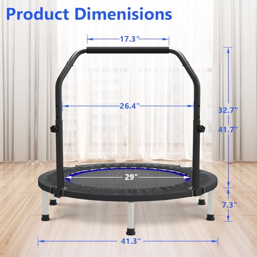HYD-Parts 40" 48" Mini Trampoline for Adults and Kids Exercise Rebounder with Adjustable Bar Fitness Trampoline Indoor Max Load 330 440lbs - color: Blue-40in