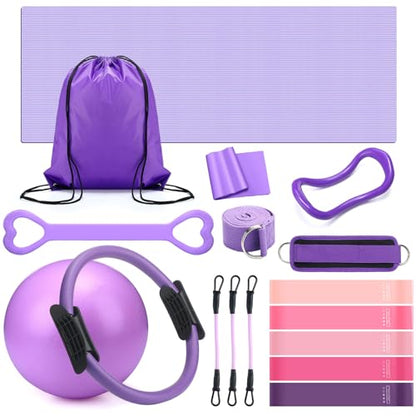RoundFunny Set of 18 Pilates Ring Essential Kit for Women Pilates Ring and Ball Ankle Resistance Band Yoga Strap Socks Mat Arm Stretcher Latex Tube Gym Back Bag Exercise Equipment for Workout - color: Purple