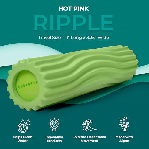 Ripple Travel Foam Roller (11" x 3.35") Firm Mini Foam Roller for Physical Therapy, Deep Tissue Massage, Back Pain - High Density, Ergonomic Wave Textured - Yoga, Exercise (Algae Green)