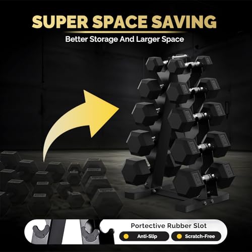 Hex Dumbbell Set with Rack (5lb-230lb), Rubber Encased Cast Iron Free Weights for Total Body Workouts, Easy Storage and Stable Dumbbell Sets for Home Garage Gym