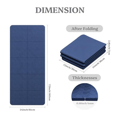 Foldable Yoga Mat Non Slip, Pilates Fitness Mats, 72" x 24" Extra Width ＆ Thick, Anti-Tear Exercise Mat with Carrying Strap and Bag, Workout Mats for Stretching,Yoga Studio,Gym or Home Workouts