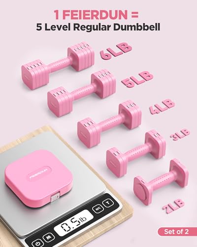 FEIERDUN DB3 5-in-1 Adjustable Dumbbell Set, 6LB/10LB Pair Adjustable Weights for Women at Home, Dual Locking Stable Hand Weights with TPU Soft Handle, Home Gym, Rehab, Pilates, Yoga, Strength Training - color: B-Cute Pink, style: 6LBS Pair (12LBS Total)