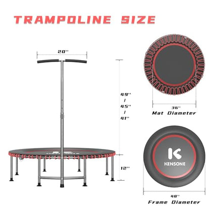 40/48" Low-Impact Rebounder Trampoline for Adults with Bungee, 450/550LBS Quiet Mini Exercise Trampoline with Adjustable U/T-Shaped Foam Handle Bar, Fitness Equipment for Indoor/Gym Workout - size: 48 inch, style: T-Bar