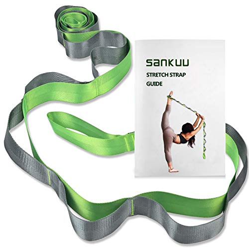 Yoga Straps Stretching Strap with 12 Loops Workout Poster, Straps for Stretching Physical Therapy Equipment Long Stretch Out Bands for Exercise, Pilates and Gymnastics for Women Men - color: Green+Grey