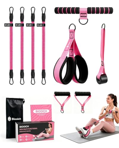 Multifunction Pedal Resistance Band with Handle, 4 Tube Adjustable Resistance Bands for Abdomen, Waist, Arm, Core/ABS - color: Pink