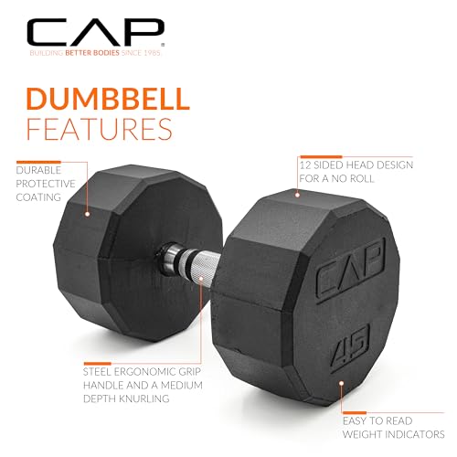 CAP Rubber Coated Dumbbell Weights, Free Weights for Home Gym Strength Training, Anti-Roll Hex Dumbbells with Black, Chrome & Comfort Grip Handles, Singles - size: 45 lb, style: 12-Sided - Chrome Handle