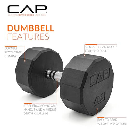 CAP Rubber Coated Dumbbell Weights, Free Weights for Home Gym Strength Training, Anti-Roll Hex Dumbbells with Black, Chrome & Comfort Grip Handles, Singles - size: 45 lb, style: 12-Sided - Chrome Handle