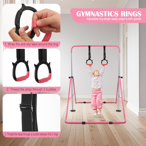 Gymnastics Bar for Girls Boys (A-G-E-S 3-10) with Rings, Folding Gymnastics Bars Horizontal Bar, Expandable for Home Training Gifts for Girls Boys
