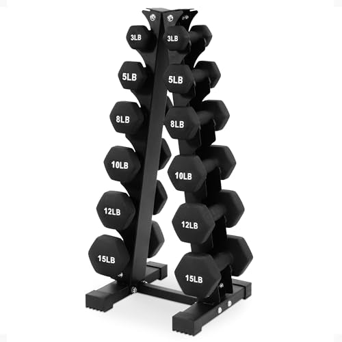 BalanceFrom Neoprene Coated Iron Dumbbell Hex Weights Set with Stand – Color-Coded or Black Options with Non-Slip Grip for Strength Training, Resistance Workouts, and Home Gym Fitness