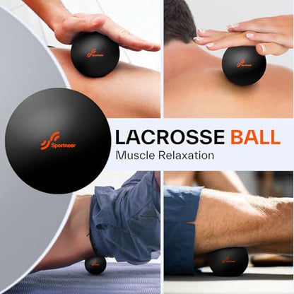 Sportneer 4 in 1 Foam Set, Muscle Relax Kit with 2 Textured Foam Pilates Rollers, Stringed Exercise Ball, Lacrosse Ball for Muscle Shoulder Back Leg Whole Body Relax Fitness Yoga - color: Black