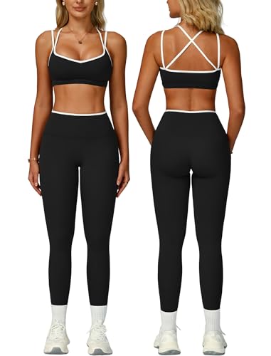 Women 2 Piece Workout Sets Cross Back ColorBlock Sports Bra High Waist Tummy Control Active Leggings Yoga Outfit - color: Black, size: X-Small