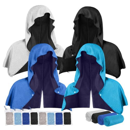 8 Pack Cooling Hooded Towel Set, 4 Cooling Towels for Neck and Face and 4 Flat Ice Towels Microfiber Soft Breathable for Hot Weather Gym, Sports, Yoga, Camping, Workout, Golf