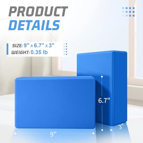 Yoga Blocks 2 Pack 3x6x9IN Foam Block Supportive Latex-Free with Beveled Edges, Non-Slip Exercise Blocks for Pilates, Meditation, Balance, Stretching and Deep Poses - color: 2PACK-369-Blue