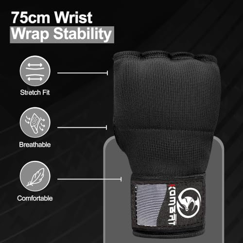 Kombat Gel Boxing Hand Wraps, Padded Inner Gloves for Men & Women, 75cm Quick Wrist Wraps, Knuckle & Wrist Protection for Muay Thai, MMA, Kickboxing, Martial Arts, Punching Training