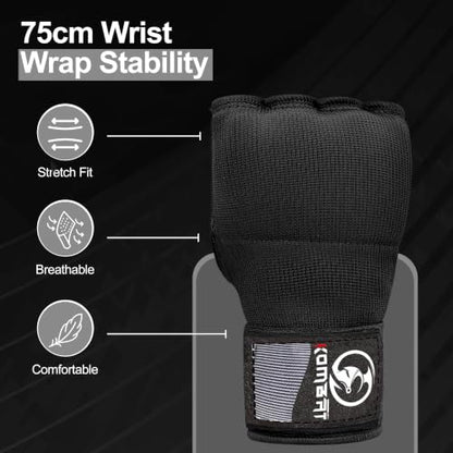 Kombat Gel Boxing Hand Wraps, Padded Inner Gloves for Men & Women, 75cm Quick Wrist Wraps, Knuckle & Wrist Protection for Muay Thai, MMA, Kickboxing, Martial Arts, Punching Training